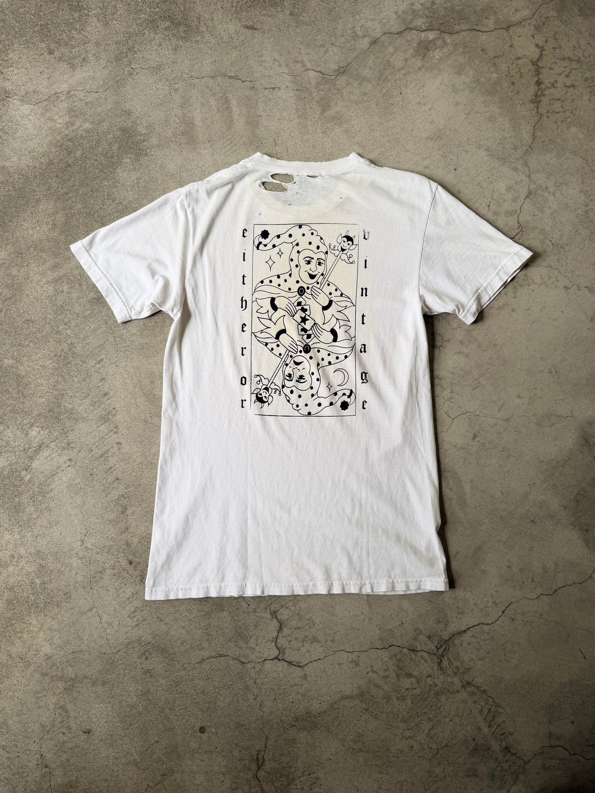 Distressed Either/Or Vintage “Jester” T-shirt, Medium 18.5”x30”