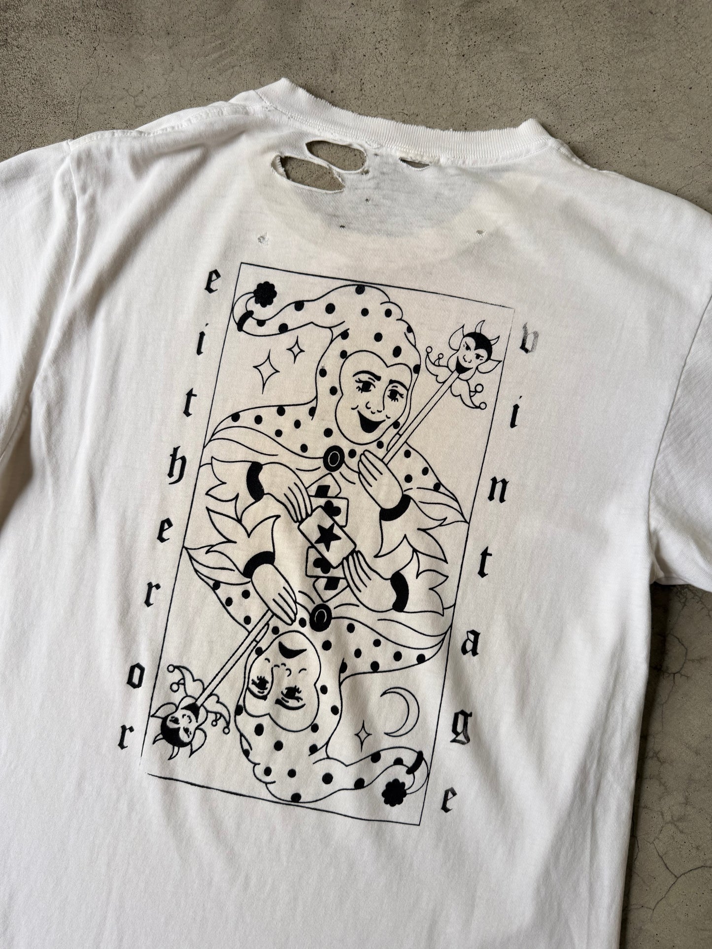 Distressed Either/Or Vintage “Jester” T-shirt, Medium 18.5”x30”