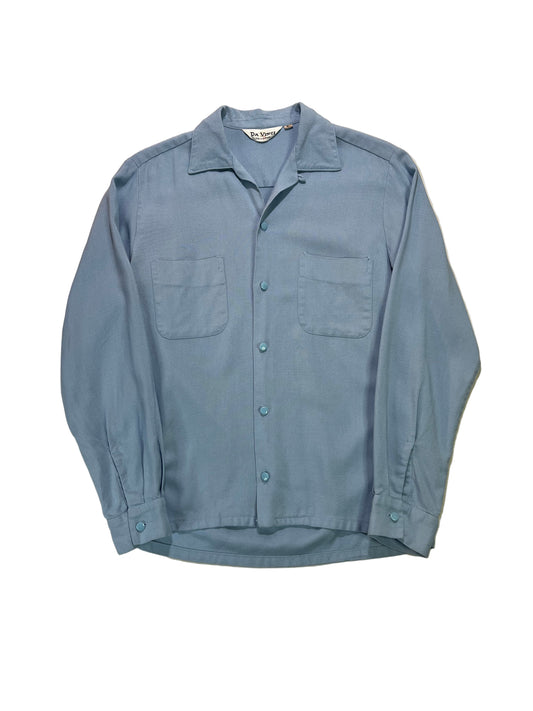 1950s Light Blue Rayon Loop Collar Button Up Shirt