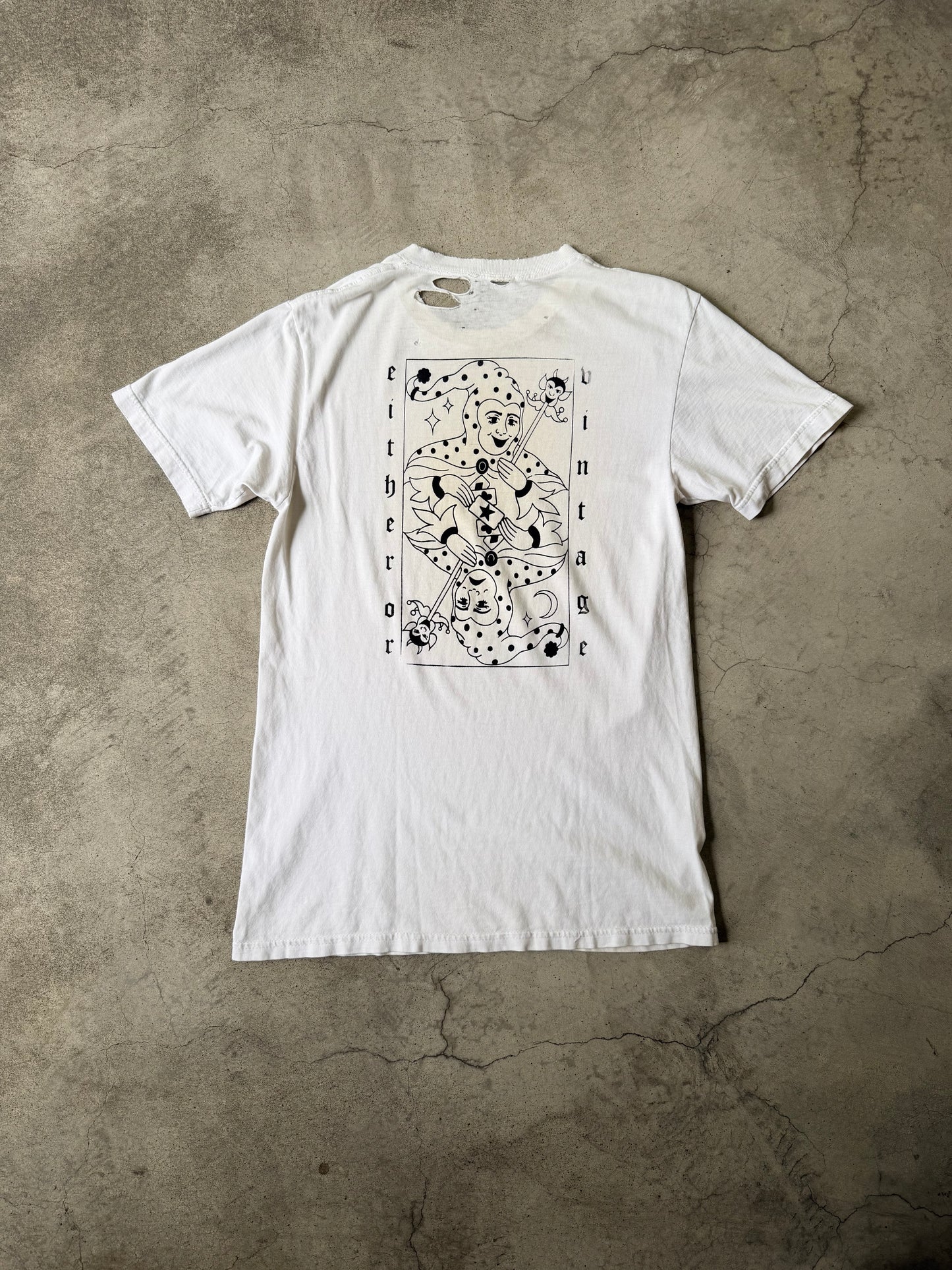 Distressed Either/Or Vintage “Jester” T-shirt, Medium 18.5”x30”