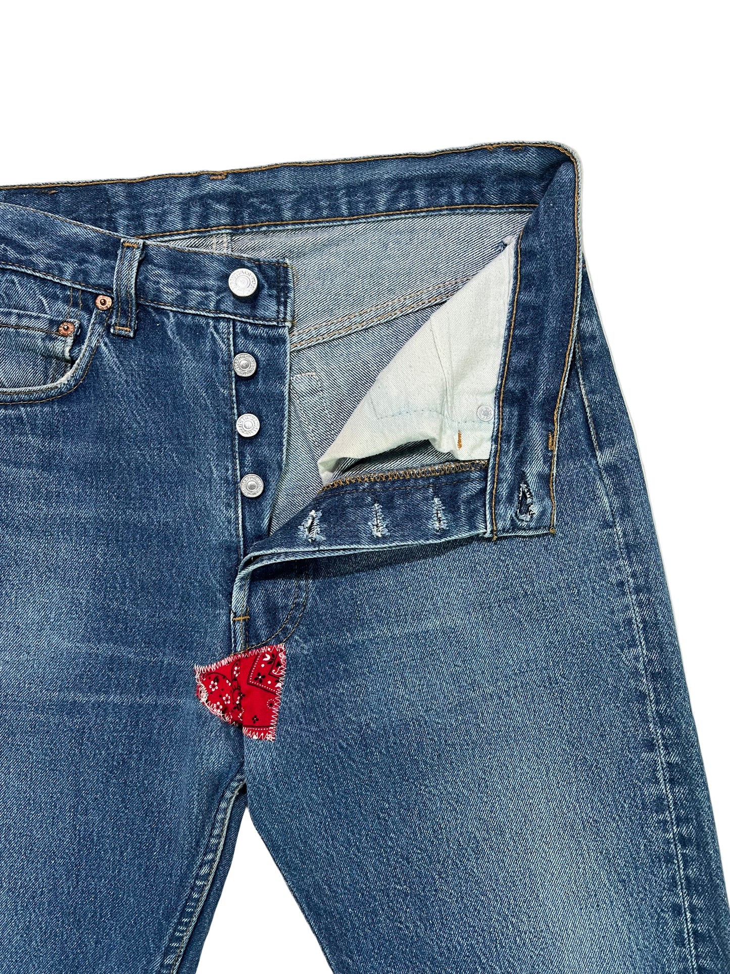 Made in USA Levi’s 501 with Bandana Repair 31”x30”