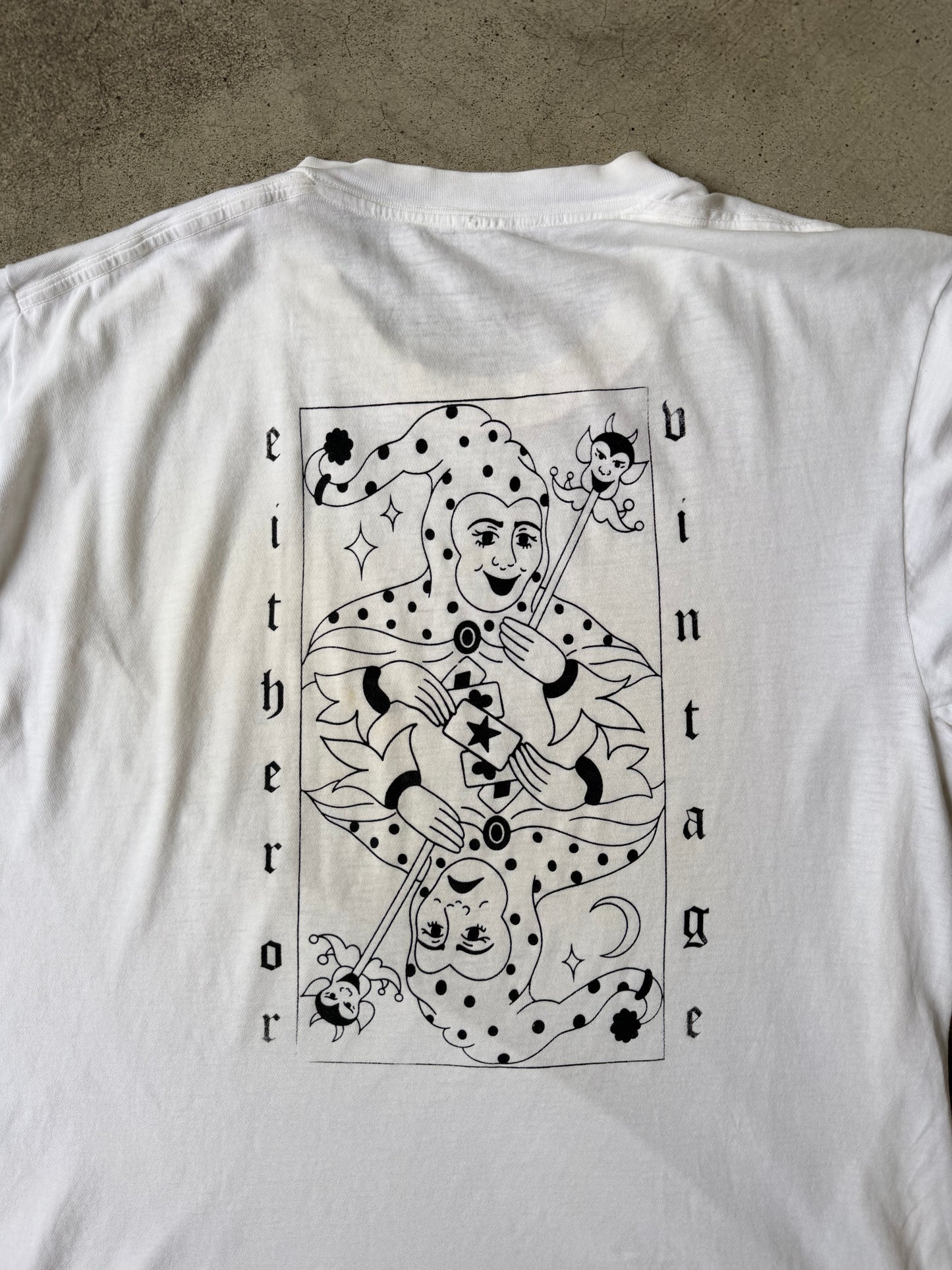 Either/Or Vintage “Jester” T-shirt, XL 22.5”x27”