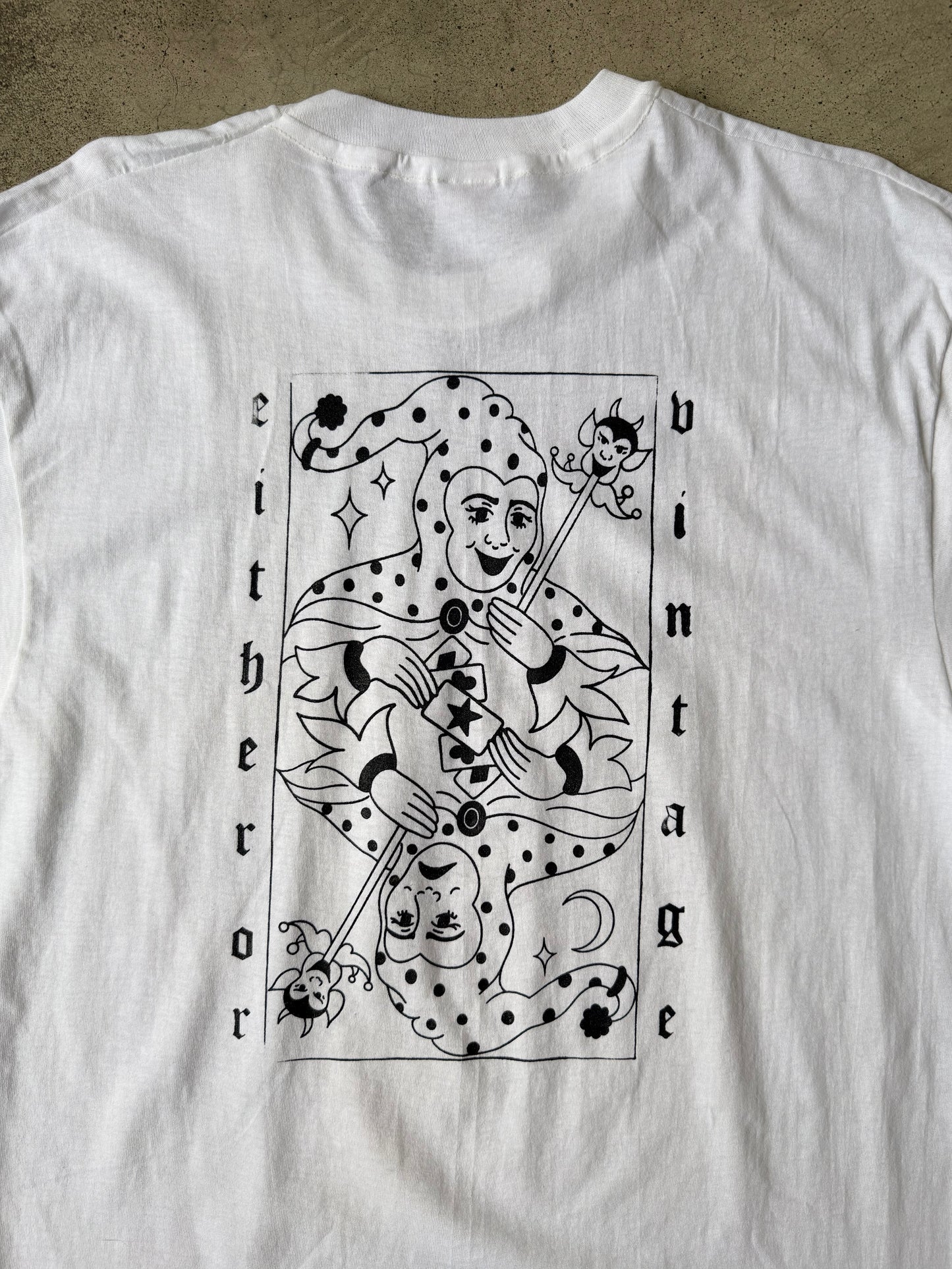 Either/Or Vintage “Jester” T-shirt, XL 21.5”x31.5”